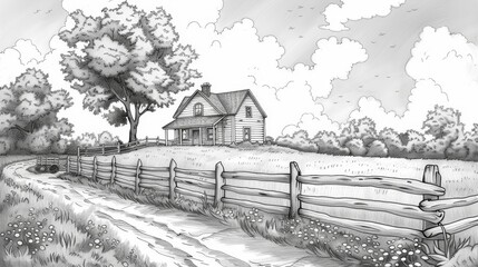 coloring book The image shows a beautiful countryside landscape with a house, a tree, a fence, and a road. The image is in black and white, with a painterly style.