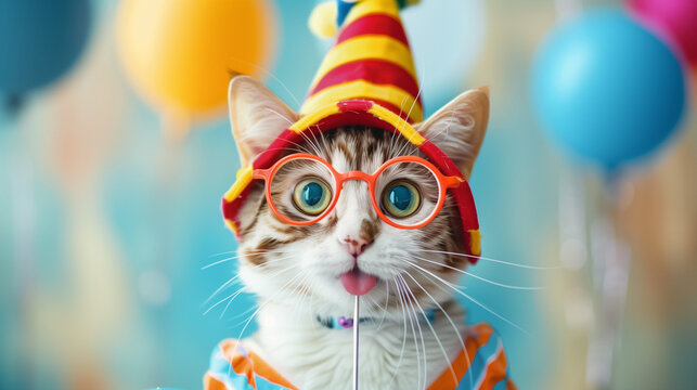 Funny cat is wearing costume clown and holding a petard