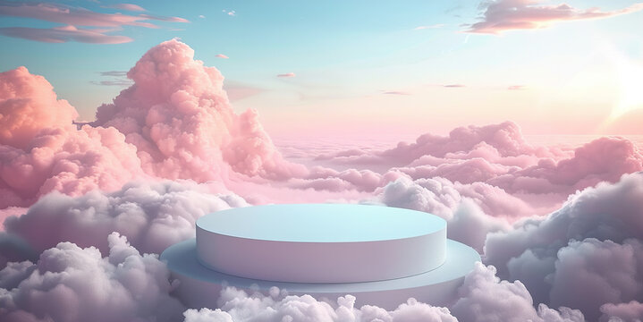Background podium pink 3d product sky platform display cloud pastel scene render stand. Pink podium stage minimal abstract background beauty dreamy space studio pedestal smoke showcase geometric white