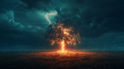 Fototapeta premium Night storm lightning bolt hits tree, intense light contrasts with dark sky.