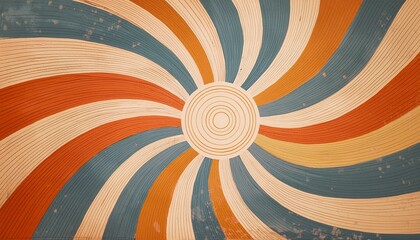 Retro 60s and 70s groovy carnival background. Sun and rainbow swirl pattern, vintage poster vibes. Funky ray elements, circle motifs, reminiscent of circus themes