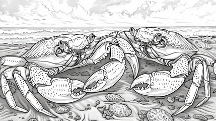 coloring book Two crabs facing each other on the beach with shells in the sand.