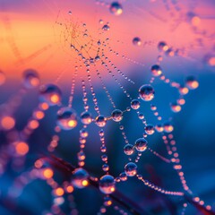 A close-up of dew drops on a spider web at dawn, each droplet reflecting the surrounding landscape.