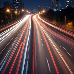 High speed urban traffic on a city highway during evening rush hour, car headlights and busy night transport captured by motion blur lighting effect and abstract long exposure photography