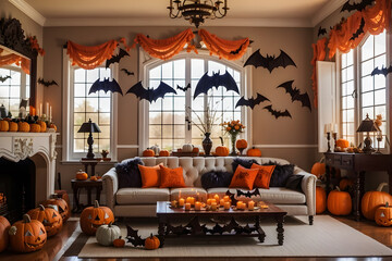 Living room decorated with pumpkins and bats design.