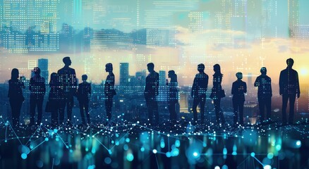 Digital collage of business people in silhouette, standing together against a background of city skyline and blue pixel pattern. Collaboration in a corporate environment.