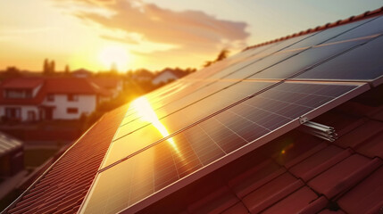 Fototapeta premium Sunlight shines on solar panels on the roof