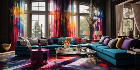 High-resolution image of a lavish living room featuring vibrant mix-color curtains and elegant wallpaper with a magical touch