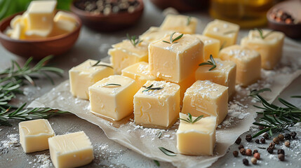 Cubes of fresh butter on white parchment paper