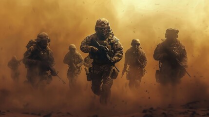 military men, A group of Several modern soldiers on a background of dusty and smoke, military operations, special operations.