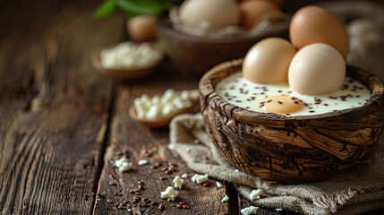 Dairy products and eggs on a wooden table