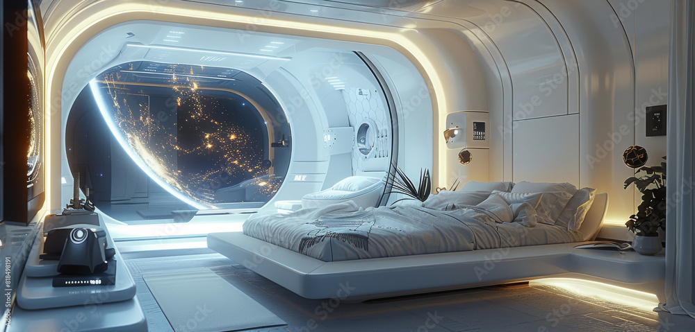 Poster a futuristic bedroom with a holographic display projected on the wall, a smart bed with built-in sle