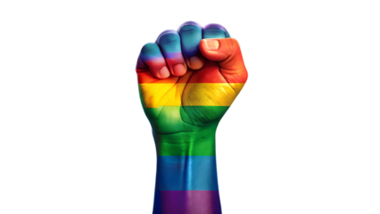 Rainbow colored hand with a fist raised up. Gay Pride. LGBT concept. Realistic style vector colorful illustration. Sticker, patch, t-shirt print, logo design. 