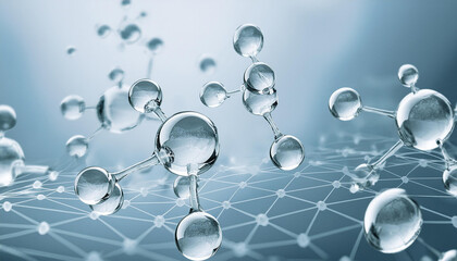 3d glass molecule or atoms on light blue background. Suitable for biochemical, pharmaceutical, beauty and other medical concept.