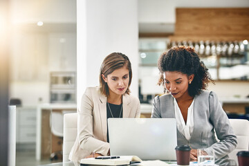 Laptop, team and business women brainstorming, planning or discussion in corporate office....