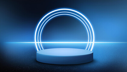 background podium 3D light neon blue platform stage product abstract. Scene background 3D podium dark pedestal room glow studio empty stand floor night modern circle show space display game led black.