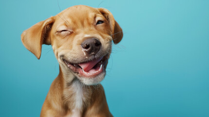 Happy dog puppy winking an eye and smiling on colored blue background with closed eyes