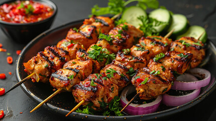 Delicious chicken satay skewers with fresh onion