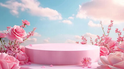 Podium background flower rose product pink 3d spring table beauty stand display nature white. Garden rose floral summer background podium cosmetic valentine easter field scene gift purple day romantic