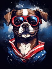 Vector-style T-shirt design featuring a dog in aviator glasses, celebrating a 4th of July theme. Infused with patriotic elements like the American flag