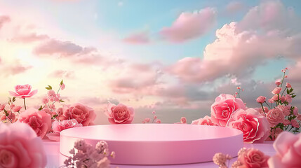 Podium background flower rose product pink 3d spring table beauty stand display nature white. Garden rose floral summer background podium cosmetic valentine easter field scene gift purple day romantic