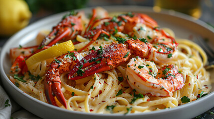Delicious creamy Maine lobster pasta with lemon