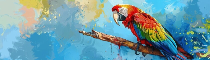 Obraz premium Side view of a vibrant parrot on a branch, intricate feather details, watercolor effect, tropical background, soft shadows, lively and dynamic composition, vivid colors, blue sky