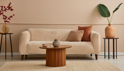 Interior design of living room with copy space, beige sofa, side table, leaf in vase, pouf, elegant accessories and boucle rug. Beige wall. Minimalist home decor.