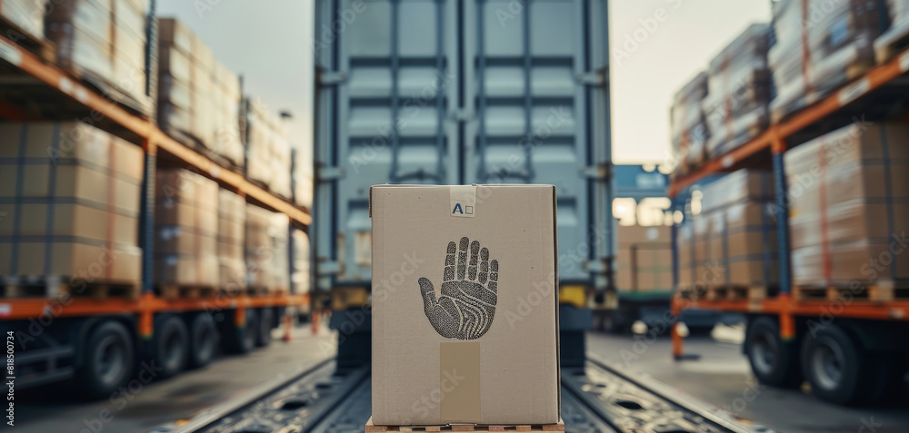 Leinwandbilder A packaging boxes stacked on pallets that are loaded into freight containers. A large fingerprint is placed on the box. Behind it is a truck with an open loading area. Generative AI.