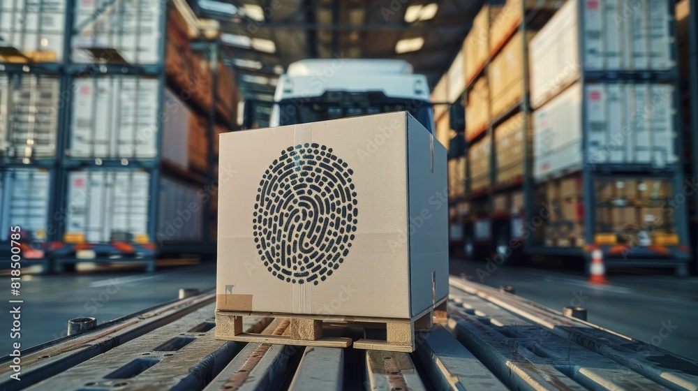 Leinwandbilder A packaging boxes stacked on pallets that are loaded into freight containers. A large fingerprint is placed on the box. Behind it is a truck with an open loading area. Generative AI.