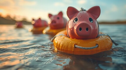 pink piggy bank floats in a buoy on sea water trying not to sink concept of investment failure debt issue bankruptcy rescue in economy crisis budget emergency.stock photo
