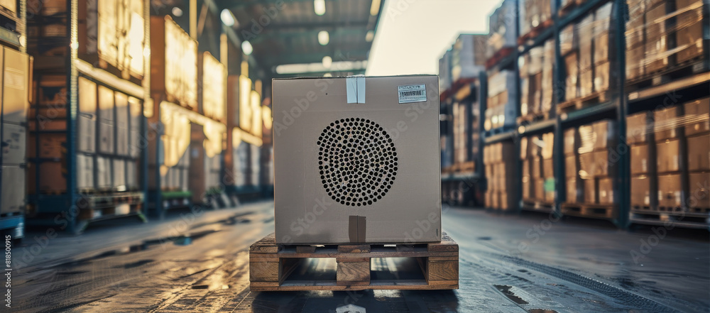 Leinwandbilder A packaging boxes stacked on pallets that are loaded into freight containers. A large fingerprint is placed on the box. Behind it is a truck with an open loading area. Generative AI.