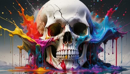 oil paints spilled on a plaster human skull