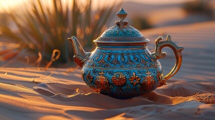 oriental gold teapot lying on the sand in the desert dunes.illustration