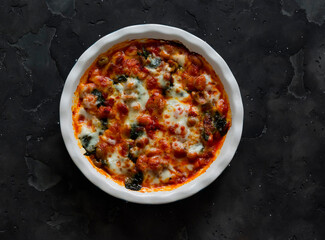 Delicious snack, appetizer, tapas - baked beans with spinach and mozzarella cheese in a baking dish on a dark background, top view
