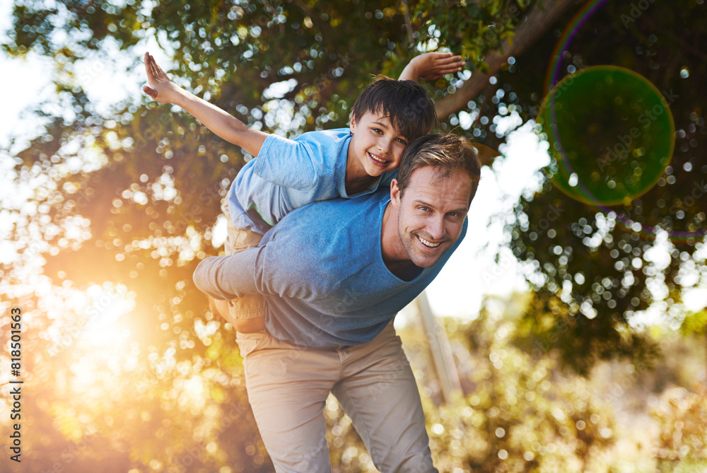 Poster portrait, father and happy kid with airplane game at park for love, care or family bonding together 