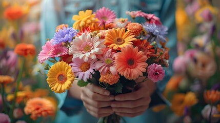 happy mother s day hands giving bouquet of colorful flowers.illustration