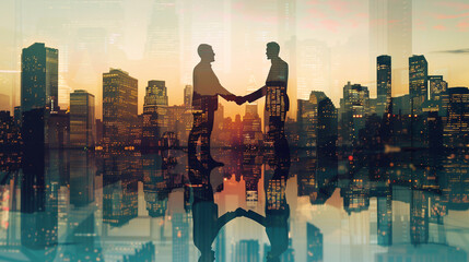 Two business partners greeting each other with a firm handshake, representing a merger and...