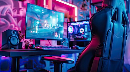 Streamer professional gamer playing online games computer  neon color