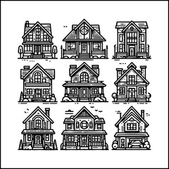 house building line icons black white vector