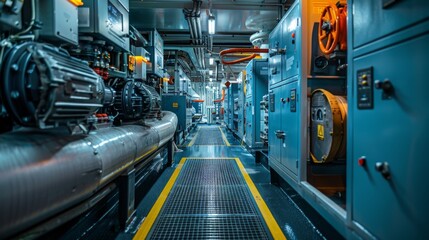 Fototapeta premium Detailed view of an oil pipeline compressor station, with large machinery and control panels