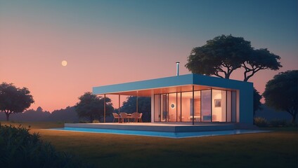 3d render of a minimalist modern architecture, villa house garden, peach and blue tones background, night, isometric tiny house, cute illustration, minimalist, vector art