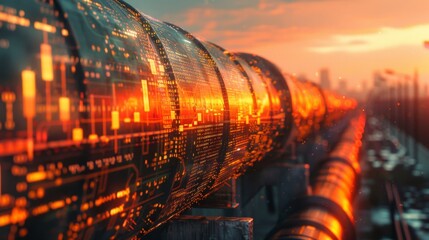 Double exposure of a gas pipeline overlaid with investment data and business finance charts