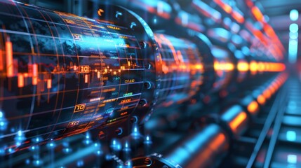 Obraz premium Double exposure of an oil pipeline overlaid with stock market graphs and financial data