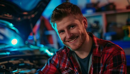 Obraz premium Happy Mechanic at Car Repair Shop: Close-up Portrait of Smiling Young Man 