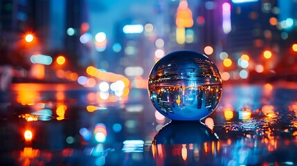 A glass ball with a reflection of a blurred night city lights in it on a reflective surface with a blurry background. - Powered by Adobe