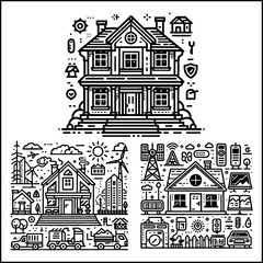 house building line icons black white vector modern
