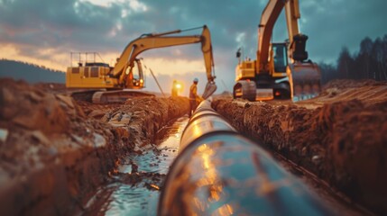 High-detail photo of a gas pipeline construction crew laying new pipes in a field