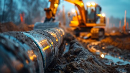 High-detail photo of a gas pipeline construction crew laying new pipes in a field