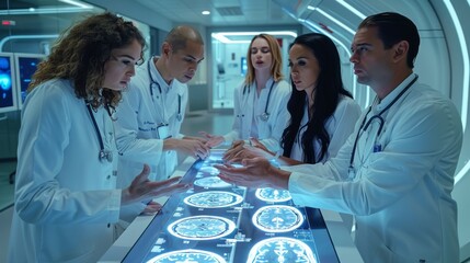 Diverse colleagues gather around an interactive touch screen table with MRI scans of brain on display in a modern hospital medical research center. Generative AI.